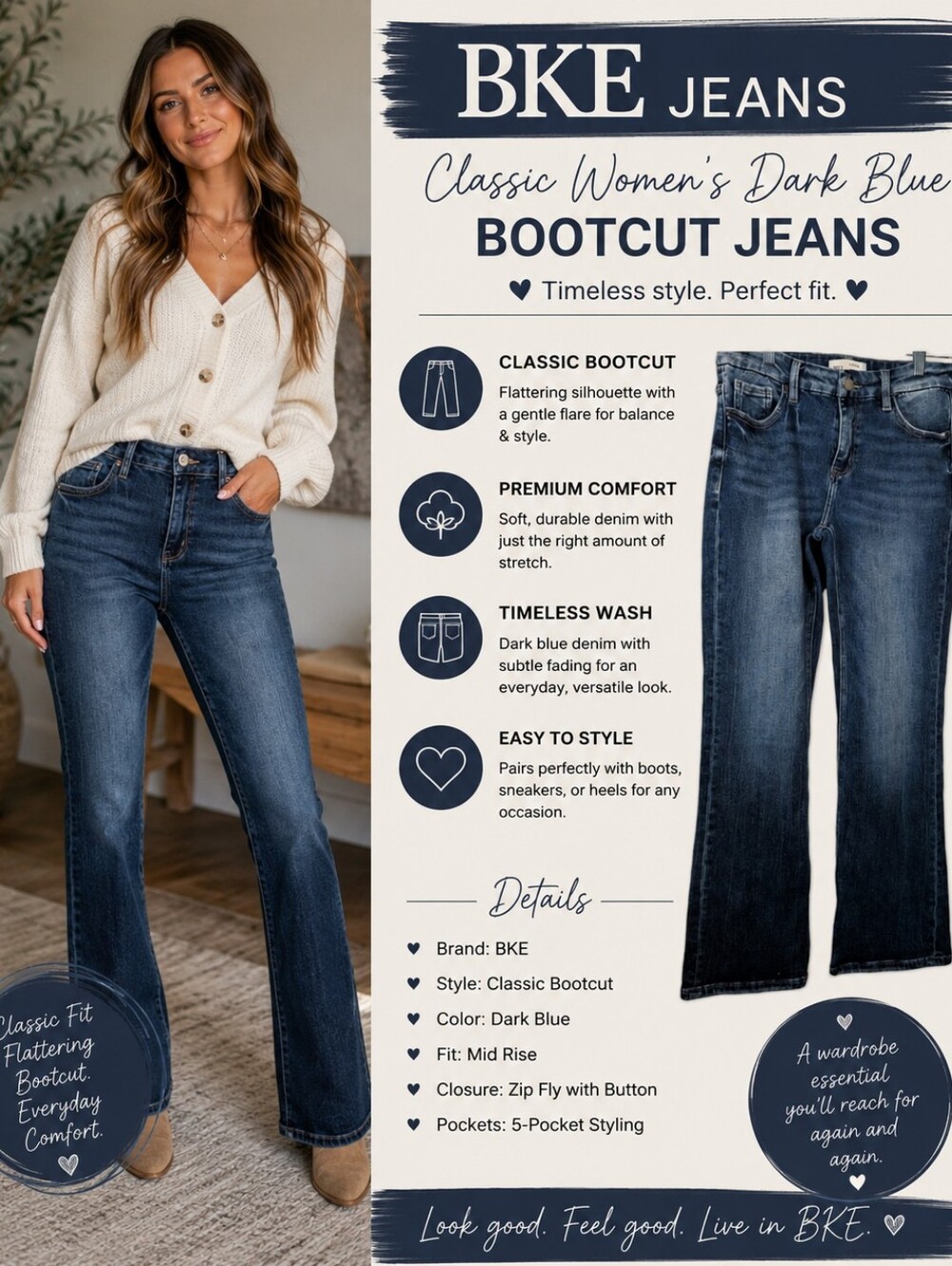BKE Classic Women's Dark Blue Bootcut Jeans